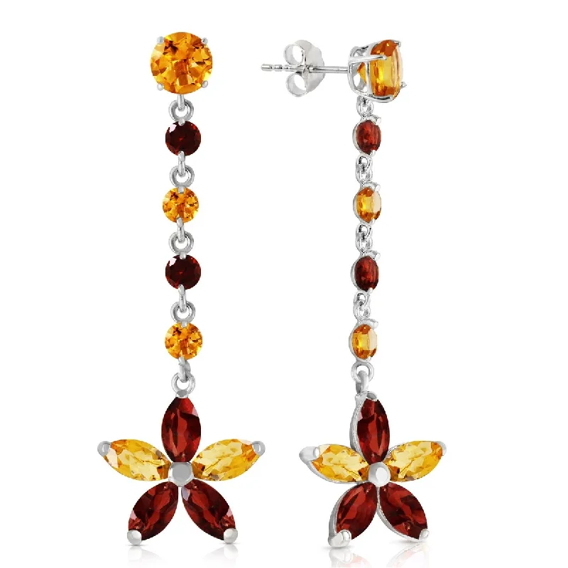 14K Solid Gold Chandelier Flower Citrine & Garnet Gemstone Earrings