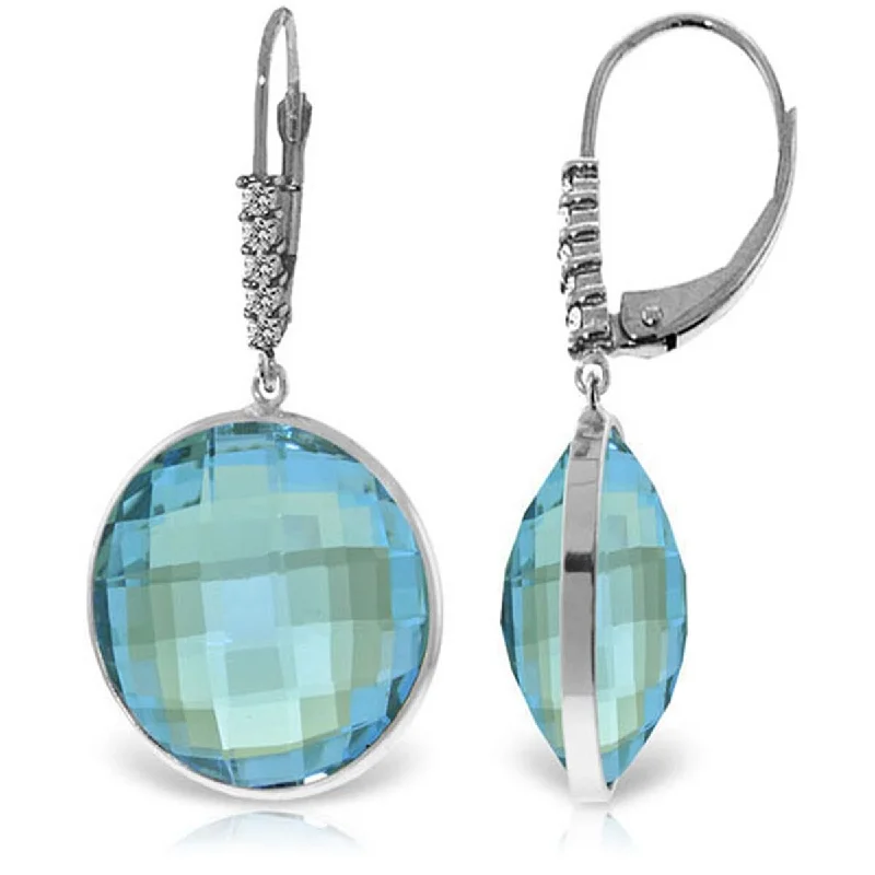 14K Solid Gold Diamonds Earrings w/ Checkerboard Cut Round Blue Topaz