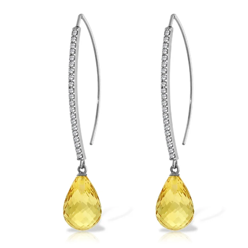 14K Solid Gold Diamonds Hook Earrings w/ Dangling Briolette Citrines