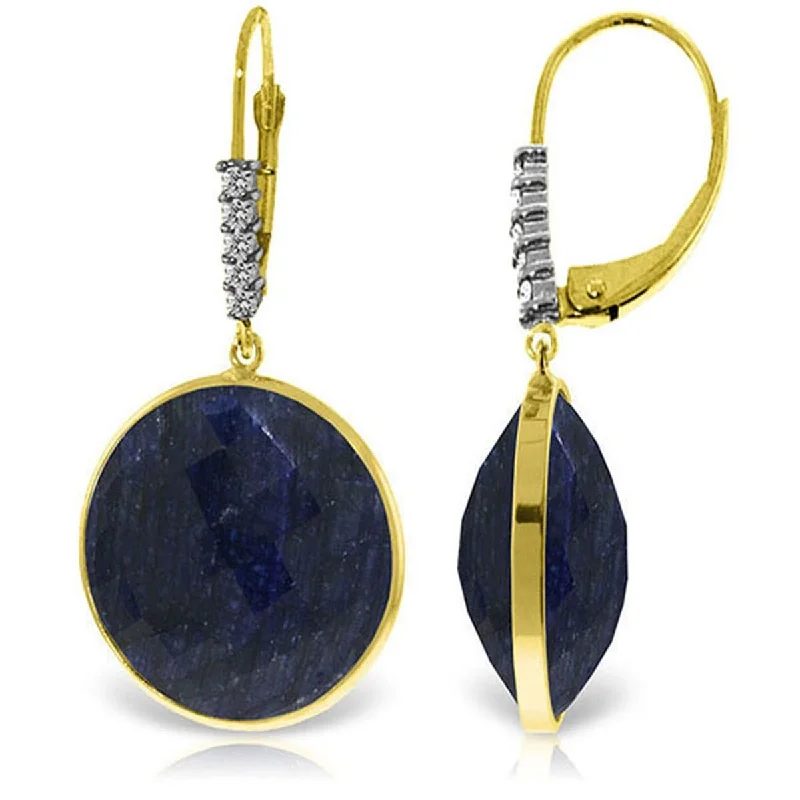 14K Solid Gold Diamonds Leverback Earrings w/ Round Dyed Sapphires