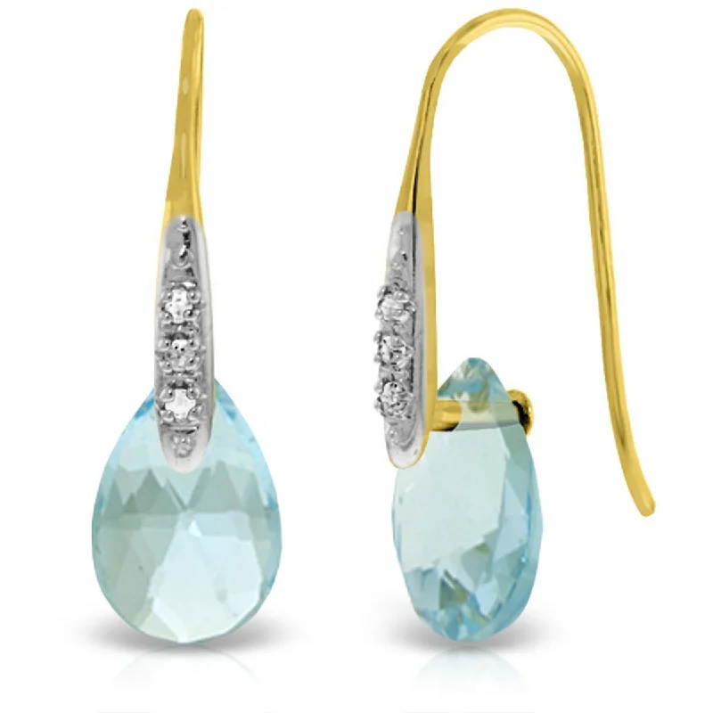 14K Solid Gold Fish Hook Earrings w/ Diamonds & Briolette Blue Topaz