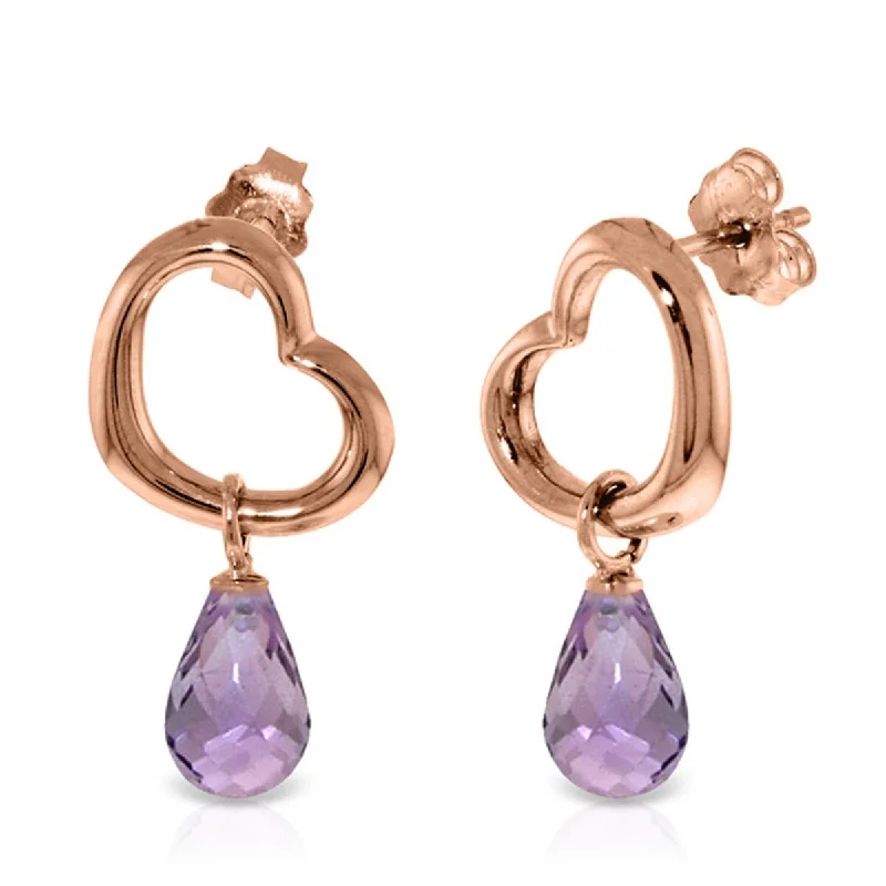 14K Solid Gold Heart Gemstone Earrings w/ Dangling Natural Amethysts