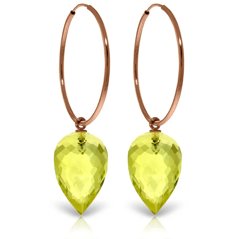 14K Solid Gold Hoop Earrings w/ Pointy Briolette Drop Lemon Quartz