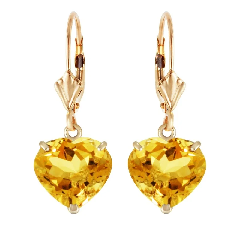 14K Solid Gold Leverback Earrings Natural 10mm Heart Citrines