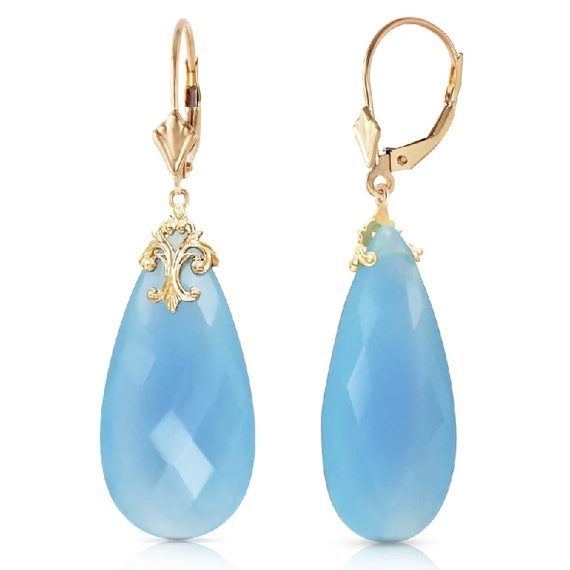 14K Solid Gold Leverback Earrings with Briolette 31x16 mm Aqua Blue Chalcedony