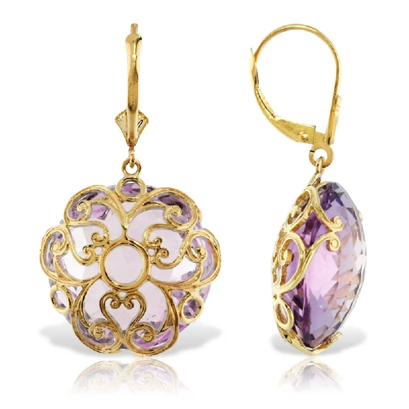 14K Solid Gold Leverback Earrings with Checkerboard Cut Round Amethysts