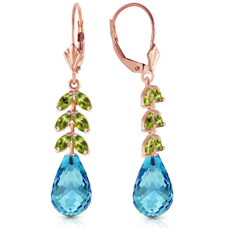 14K Solid Gold Leverback Gemstone Earrings Peridot & Blue Topaz