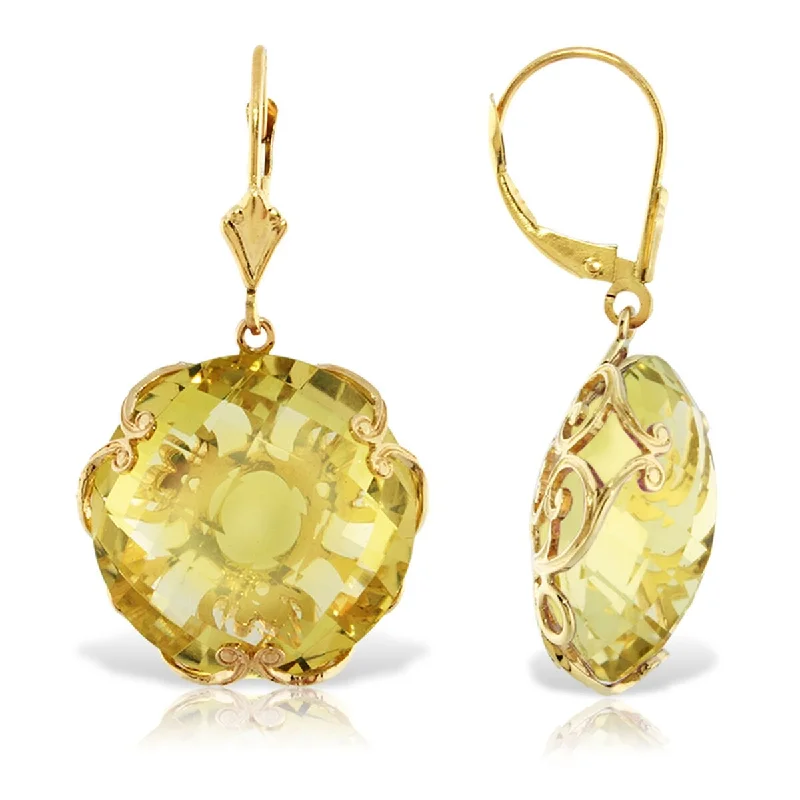 14K Solid Gold Leverback Gemstone Earrings Round Lemon Quartz Jewelry