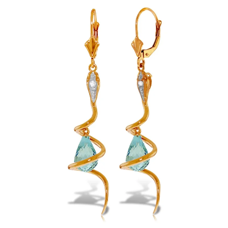 14K Solid Gold Snake Earrings w/ Dangling Blue Topaz & Diamonds