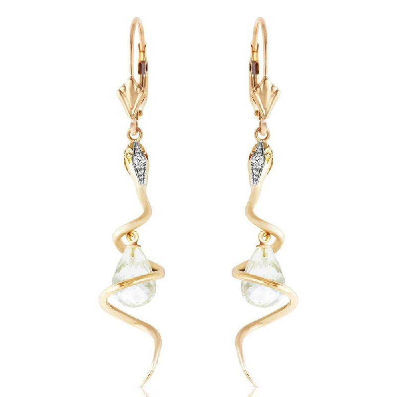 14K Solid Gold Snake Earrings with Dangling Briolette White Topaz & Diamonds