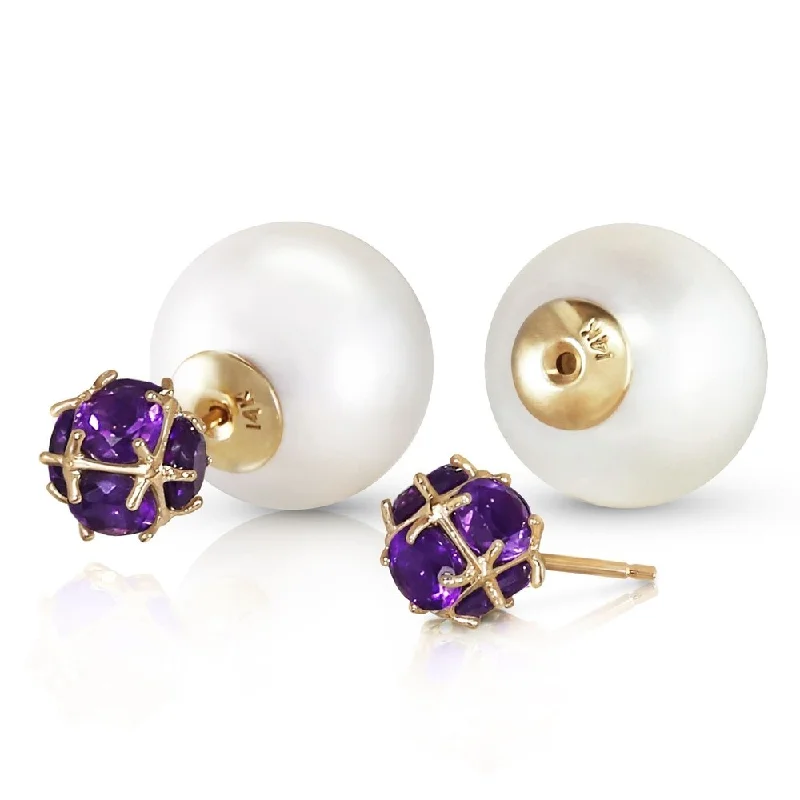 14K Solid Gold Tribal Double Shell pearls and Amethysts Stud Earrings