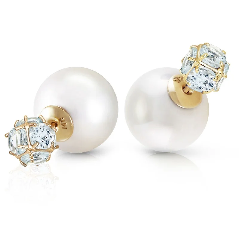 14K Solid Gold Tribal Double Shell Pearls And Aquamarines Earrings