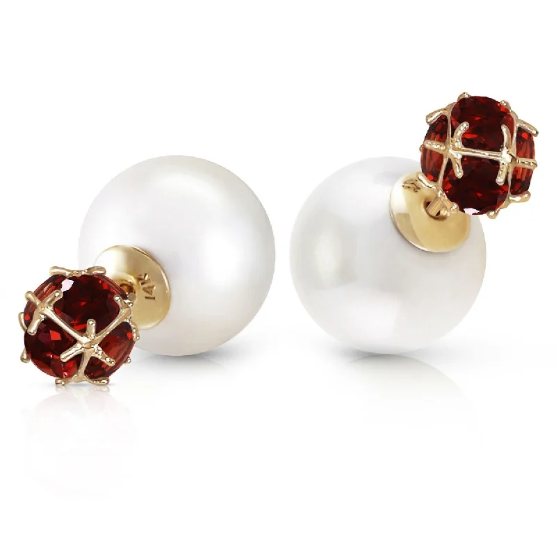 14K Solid Gold Tribal Double Shell Pearls And Garnets Stud Earrings