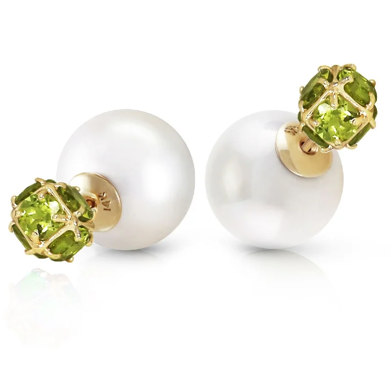 14K Solid Gold Tribal Double Shell Pearls And Peridots Stud Earrings