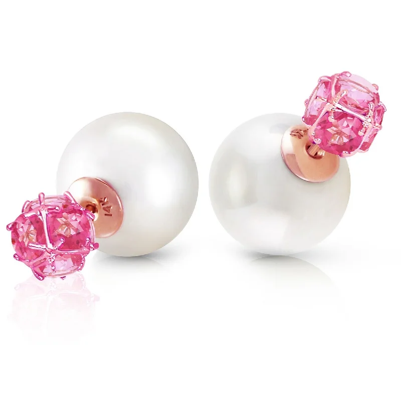 14K Solid Gold Tribal Double Shell Pearls And Pink Topaz Stud Earrings