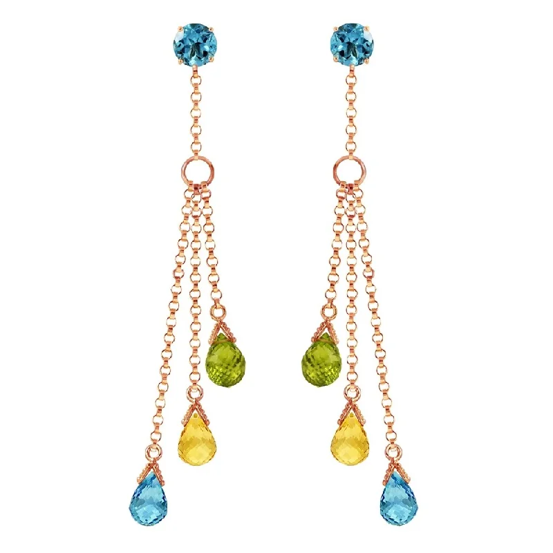 14K Solid Rose Gold Chandelier Earrings with Blue Topaz, Citrines & Peridots