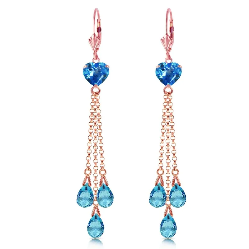 14K Solid Rose Gold Chandelier Earrings with Briolette Blue Topaz