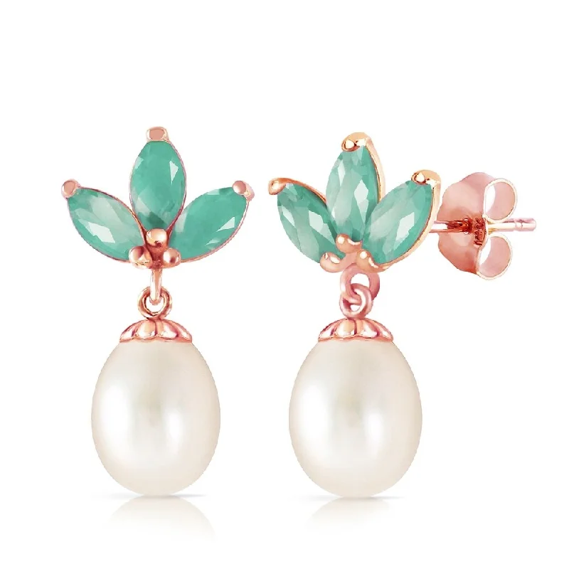 14K Solid Rose Gold Dangling Earrings with pearls & Emerald