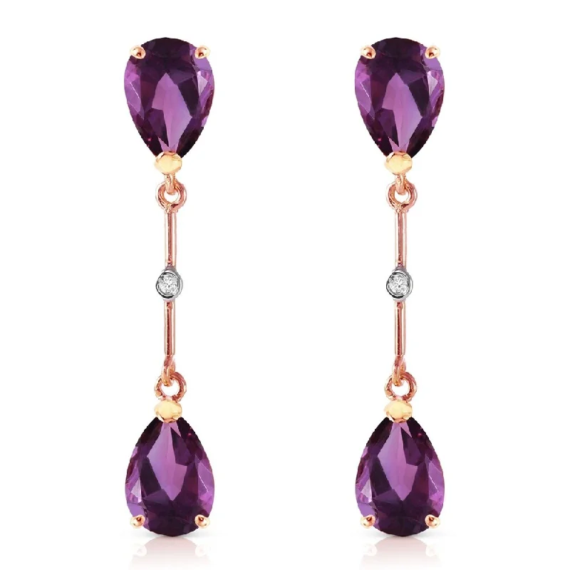 14K Solid Rose Gold Diamonds & Amethysts Dangling Earrings