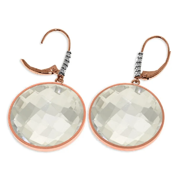 14K Solid Rose Gold Diamonds Leverback Earrings with Checkerboard Cut Round White Topaz