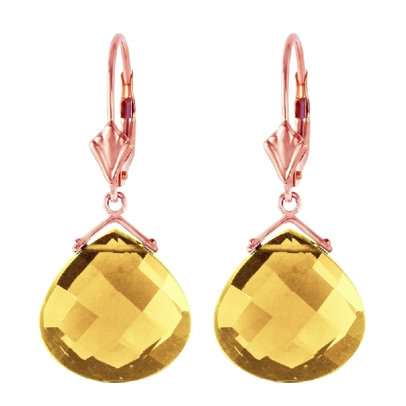 14K Solid Rose Gold Leverback Earrings Checkerboard Cut Citrines