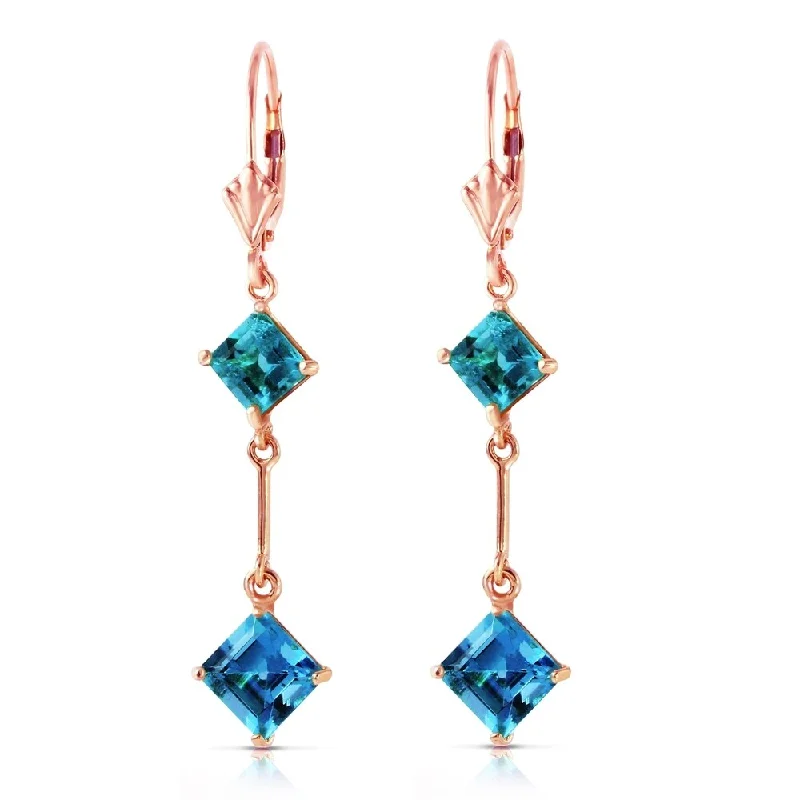 14K Solid Rose Gold Leverback Earrings with Blue Topaz