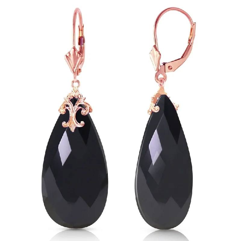 14K Solid Rose Gold Leverback Earrings with Briolette 31x16 mm Black Onyx