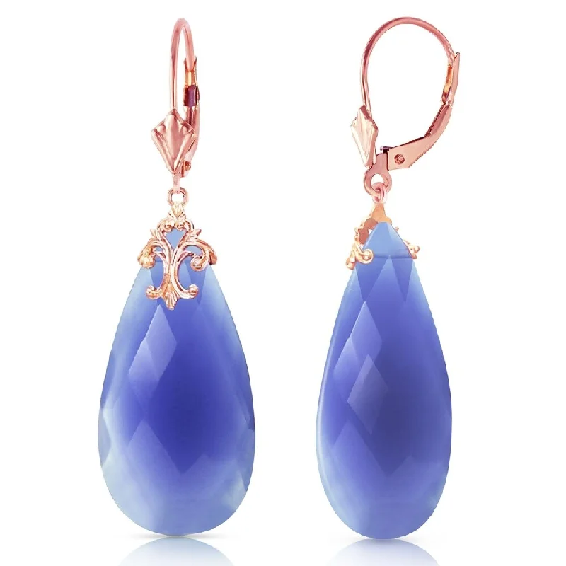 14K Solid Rose Gold Leverback Earrings with Briolette 31x16 mm Deep Blue Chalcedony