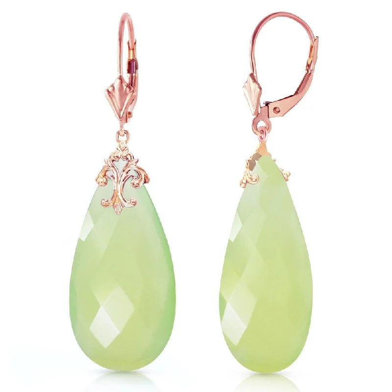 14K Solid Rose Gold Leverback Earrings with Briolette 31x16 mm Prehnite Color Chalcedony