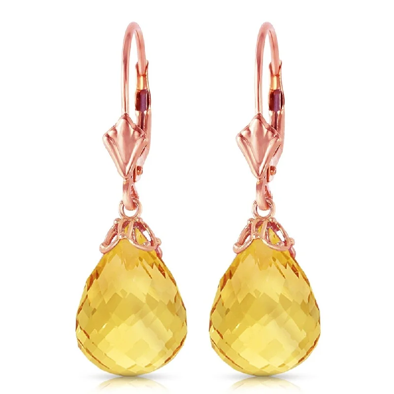 14K Solid Rose Gold Leverback Earrings with Briolette Citrines