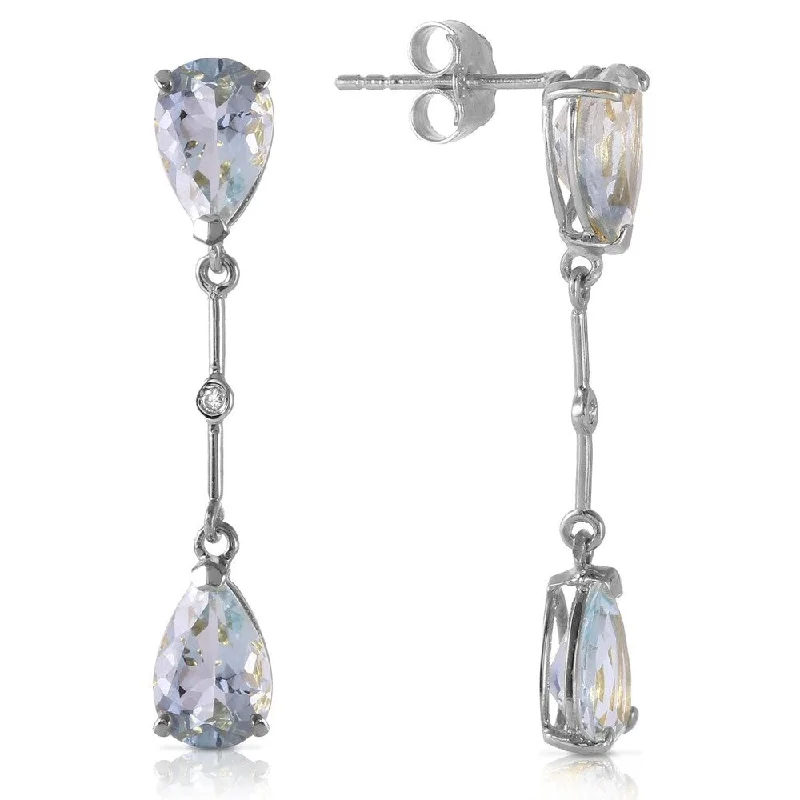 14K Solid White Gold Diamonds & Aquamarines Dangling Earrings