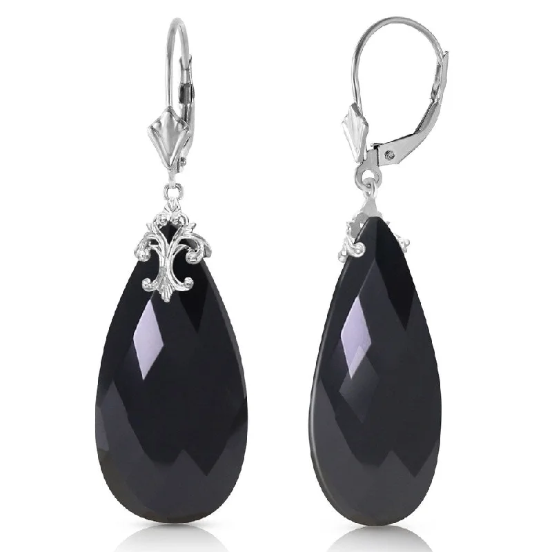 14K Solid White Gold Leverback Earrings with Briolette 31x16 mm Black Onyx