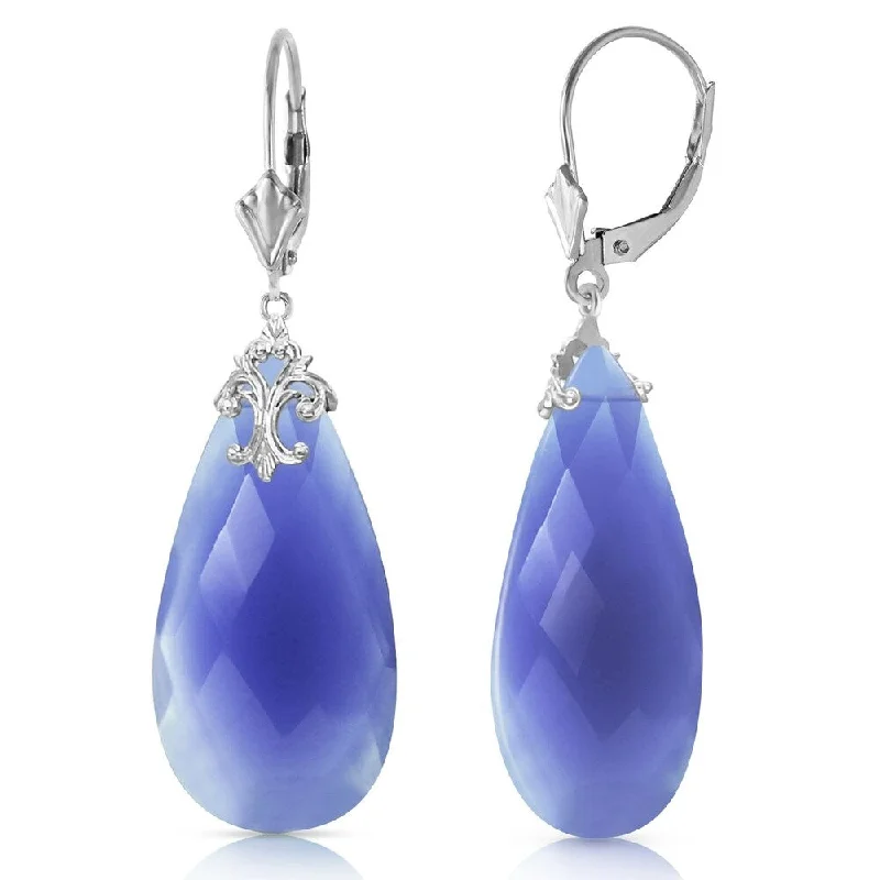 14K Solid White Gold Leverback Earrings with Briolette 31x16 mm Deep Blue Chalcedony