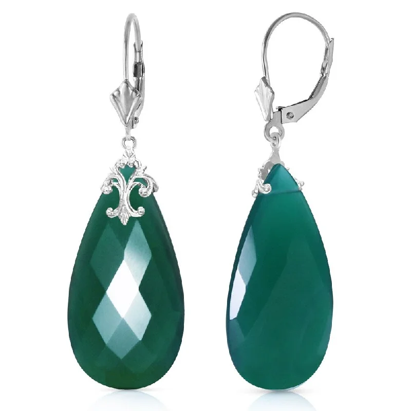 14K Solid White Gold Leverback Earrings with Briolette 31x16 mm Deep Green Chalcedony