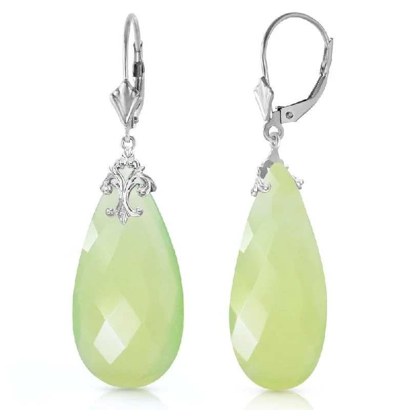 14K Solid White Gold Leverback Earrings with Briolette 31x16 mm Prehnite Color Chalcedony