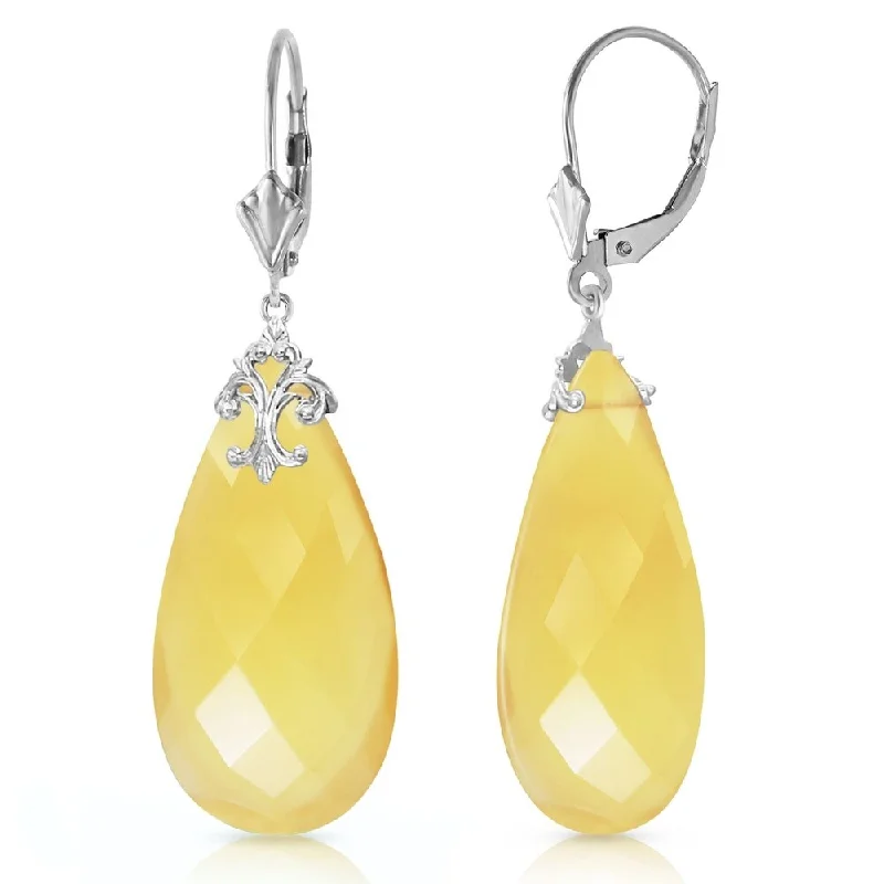 14K Solid White Gold Leverback Earrings with Briolette 31x16 mm Yellow Onyx