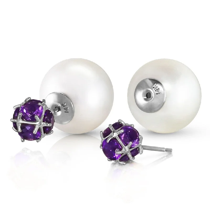 14K Solid White Gold Tribal Double Shell pearls and Amethysts Stud Earrings