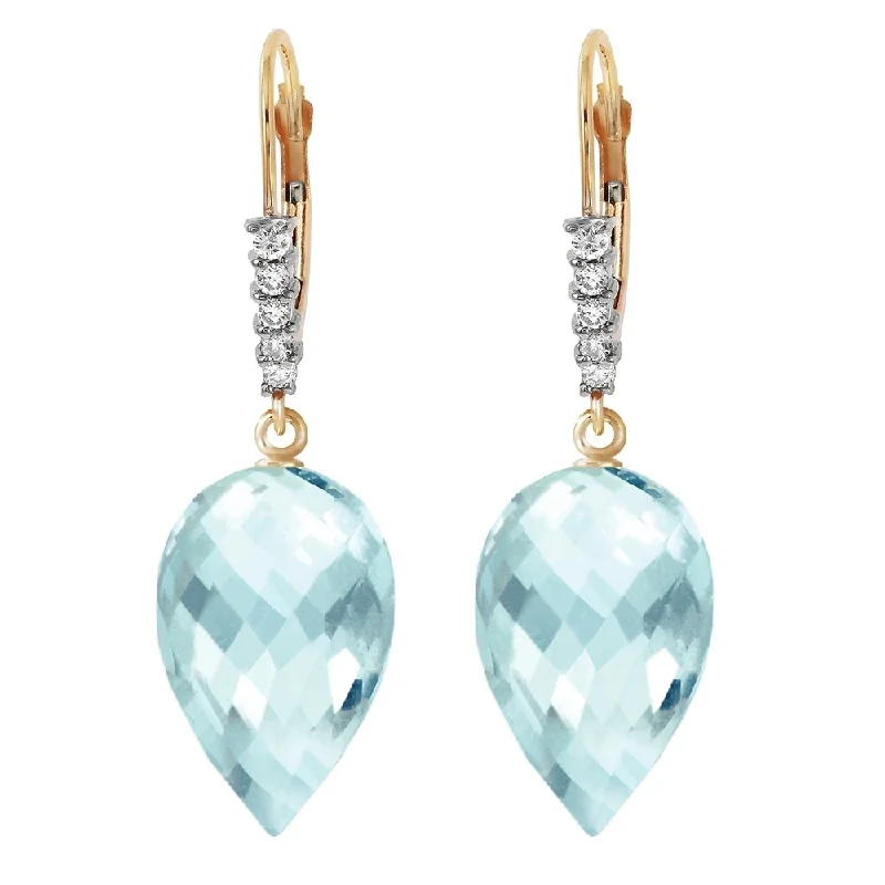 22.65 Carat 14K Solid Gold Drop Briolette Blue Topaz Diamond Earrings