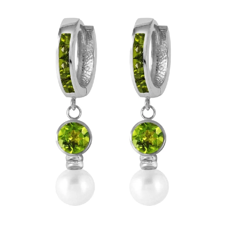 4.3 Carat 14K Solid White Gold Huggie Earrings pearl Peridot