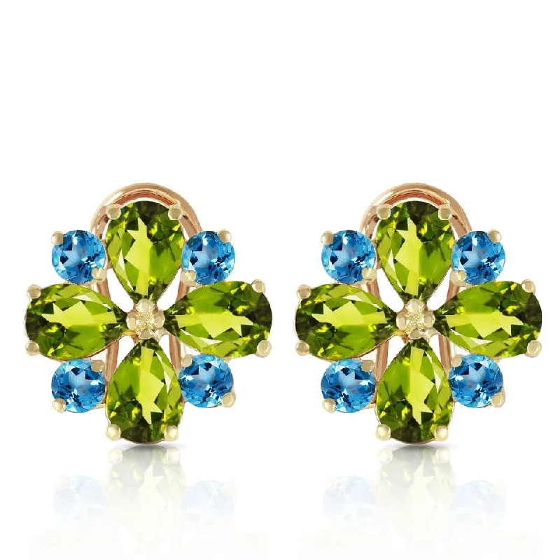 4.85 Carat 14K Solid Gold French Clips Earrings Peridot Blue Topaz