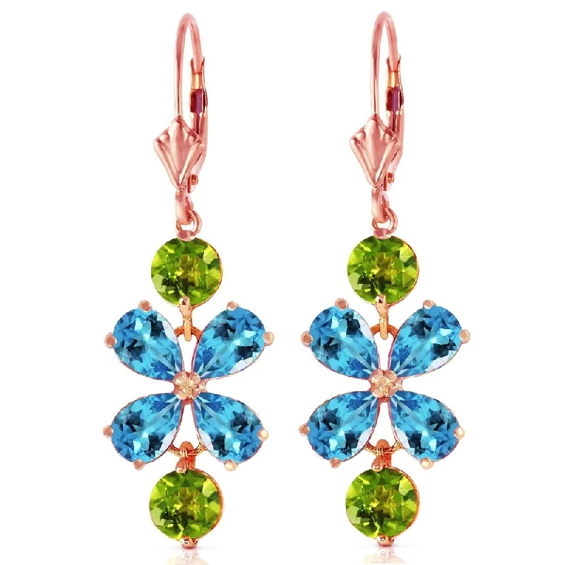 5.32 CTW 14K Solid Rose Gold Flower Blue Topaz Peridot Earrings