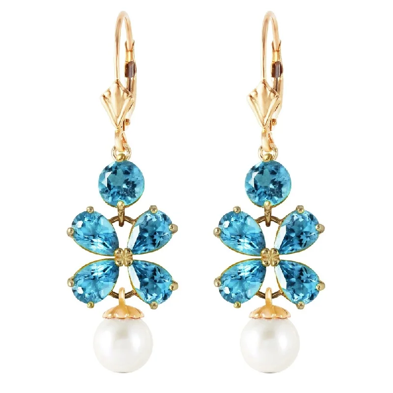 6.28 Carat 14K Solid Gold Chandelier Earrings Blue Topaz pearl