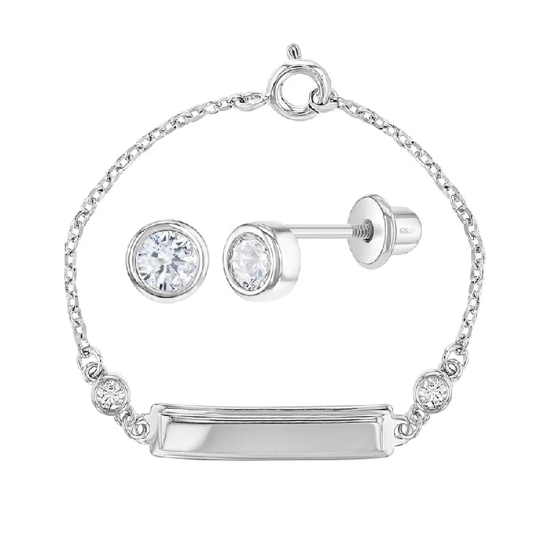 Children's CZ Earring & ID Bracelet Set in Sterling Silver