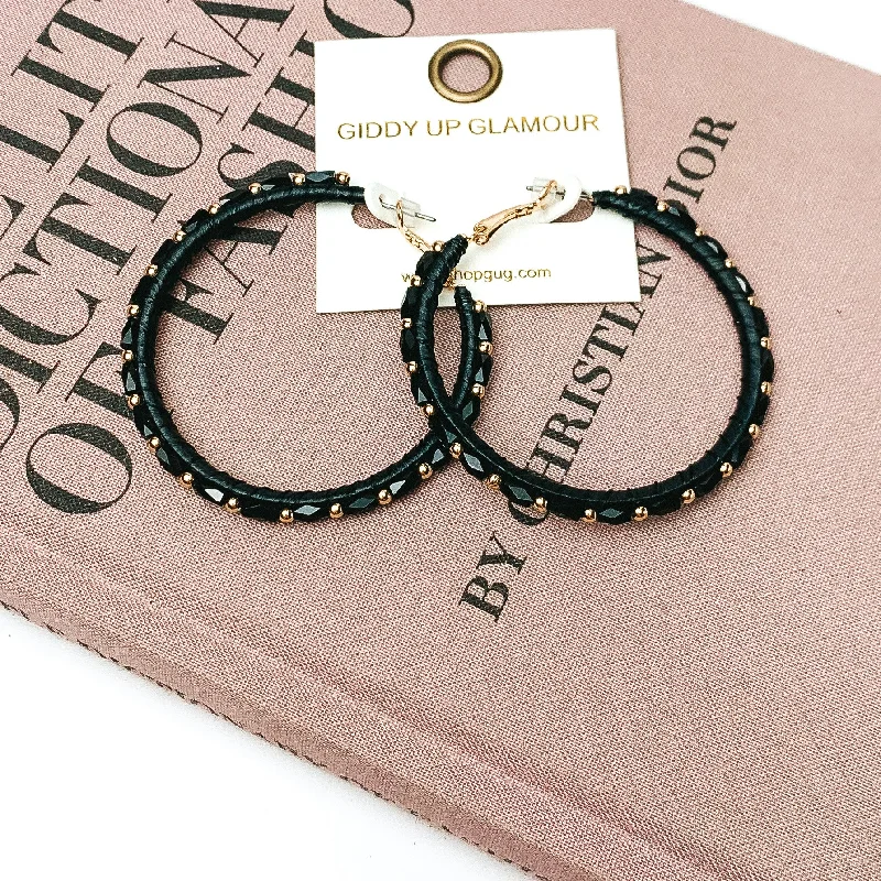 Circle Beaded Hoop Earrings with Gold Tone Spacers in Black