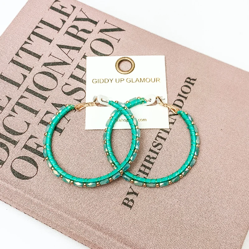 Circle Beaded Hoop Earrings with Gold Tone Spacers in Green