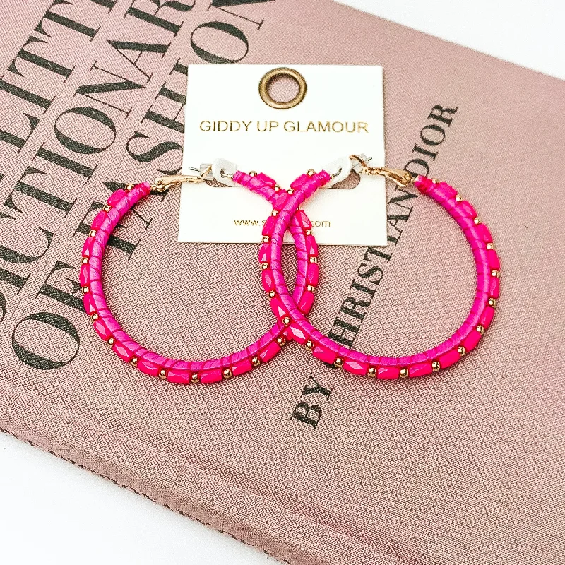 Circle Beaded Hoop Earrings with Gold Tone Spacers in Hot Pink