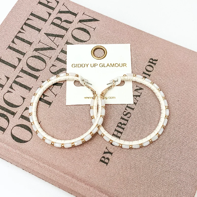 Circle Beaded Hoop Earrings with Gold Tone Spacers in Ivory