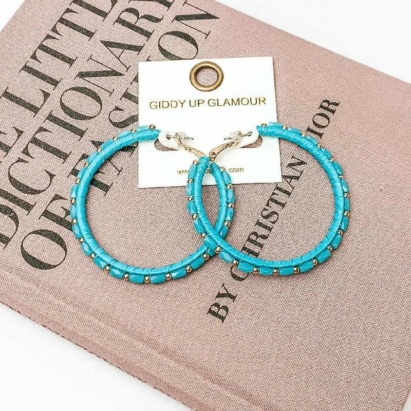 Circle Beaded Hoop Earrings with Gold Tone Spacers in Turquoise