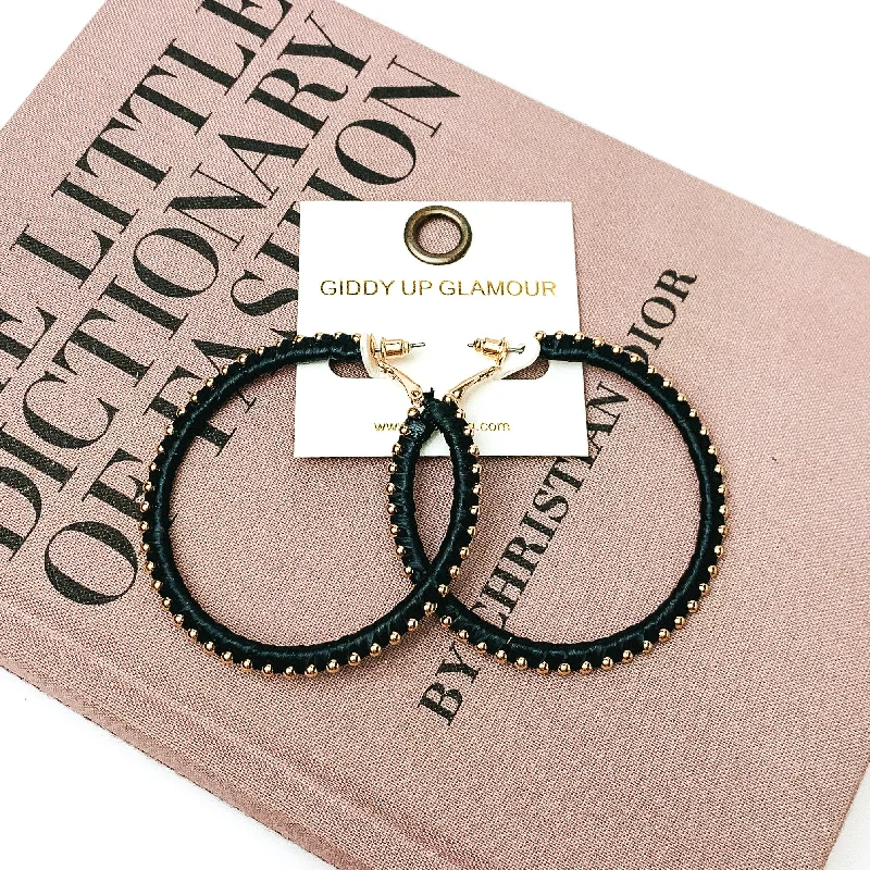 Circle Gold Tone Beaded Hoop Earrings in Black