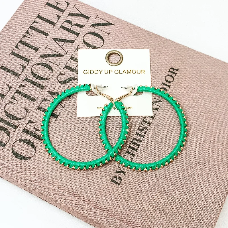 Circle Gold Tone Beaded Hoop Earrings in Green